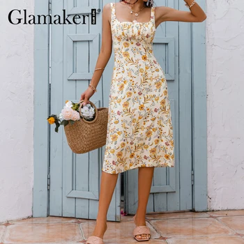 Glamaker Medvilnės atsitiktinis holiday beach tiesiai suknelė be Rankovių gėlių spausdinti mados vasaros elegantiškas plisuotos midi Bohemijos suknelė