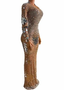 Blizgančių Perlų Cirkonio Blizgančiais Ilga Suknelė Moterims Etape dėvėti SexyTransparent veiklos Kostiumas Vakare Gown Prom Šalies Aprangą