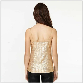 Seksualus Aukso blizgučiai vasaros camisole Spageti dirželis rožinė aukso tankų moterų streetwear Tees Roupas Femininas R071