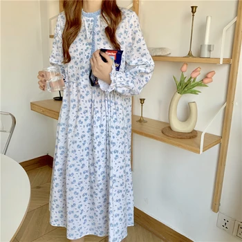 Pavasario spausdinimo, medvilnės pižamą ilgomis rankovėmis sleepwear moterų namų drabužius suknelė raukiniai prarasti tiesiai sleeodress pižama Y306