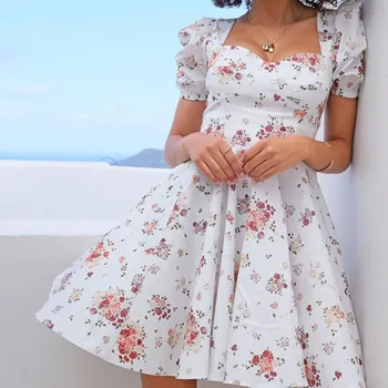 Vasaros Suknelė Moterims Gėlių Spausdinti Sluoksniuotos Rankovėmis Sundress Baltas Mini Elegantiškas-line Suknelė Beach Party Ponios Komplektus Femme 2021