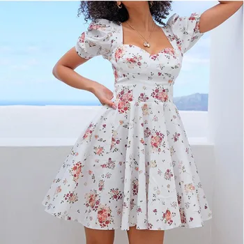Vasaros Suknelė Moterims Gėlių Spausdinti Sluoksniuotos Rankovėmis Sundress Baltas Mini Elegantiškas-line Suknelė Beach Party Ponios Komplektus Femme 2021