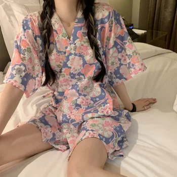 Japonų Kimono Pižama Moterų Kostiumas Studentai Gali Dėvėti Namų Drabužių Pavasario Ir Vasaros apatinis Trikotažas Pyjama Femme Dviejų dalių Derliaus