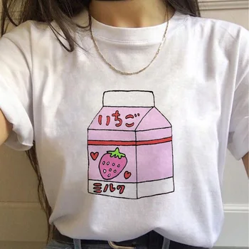 Japonija Braškių Sultys Grafinis Spausdinti marškinėliai Moterims 2021 Naujas Vasaros Mados Marškinėlius Tee Harajuku Estetinės Balta Moterų Marškinėlius