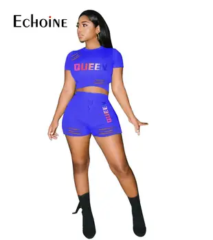 Echoine 2021 m. vasaros KARALIENĖ Laiškas Spausdinti Klostyti Tuščiaviduriai Iš Dviejų dalių komplektas Apkarpyti Viršūnes ir šortai jogger Streetwear sportiniai Kostiumai Komplektai