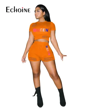 Echoine 2021 m. vasaros KARALIENĖ Laiškas Spausdinti Klostyti Tuščiaviduriai Iš Dviejų dalių komplektas Apkarpyti Viršūnes ir šortai jogger Streetwear sportiniai Kostiumai Komplektai