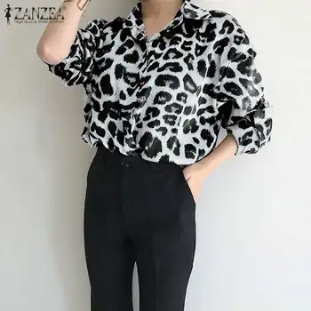 2021 m. Pavasario Moterims, Stilinga Palaidinė ZANZEA Leopardas Spausdinti Marškinėliai Atsitiktinis ilgomis Rankovėmis Atvartas Apykaklės Viršūnes Ponios Prarasti Blusa 7