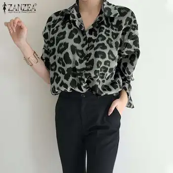 2021 m. Pavasario Moterims, Stilinga Palaidinė ZANZEA Leopardas Spausdinti Marškinėliai Atsitiktinis ilgomis Rankovėmis Atvartas Apykaklės Viršūnes Ponios Prarasti Blusa 7