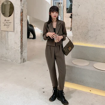 Streetwear Rudenį Moterų Švarkas Tiktų Vienas Mygtukas Bombonešis Švarkas Švarkas+Aukšto Juosmens Haremo Kelnės 2020 M. Derliaus 2 Dalių Komplektas Kelnės Kostiumas