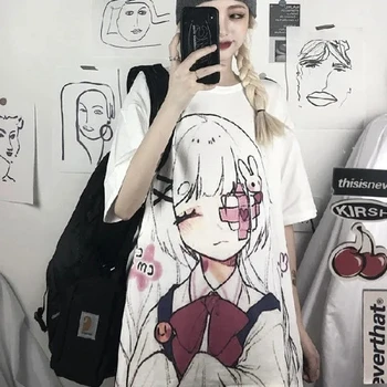 Mielas Animacinių filmų Saldus Mergaičių marškinėliai Japonijos Streetwear Harajuku Rožinė Kawaii Atsitiktinis Viršūnes Derliaus Laisvi Vasarą Moterys T-shirt