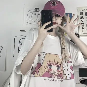 Mielas Animacinių filmų Saldus Mergaičių marškinėliai Japonijos Streetwear Harajuku Rožinė Kawaii Atsitiktinis Viršūnes Derliaus Laisvi Vasarą Moterys T-shirt
