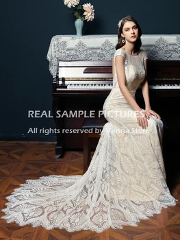 Undinė Vestuvių Suknelė iki 2021 m. Plius Dydis Nėrinių Bžūp Rankovėmis Elegantiškas Apynasrio Nuotakos Suknelė Traukinio Derliaus Pigūs Backless UŽSAKYMĄ 850