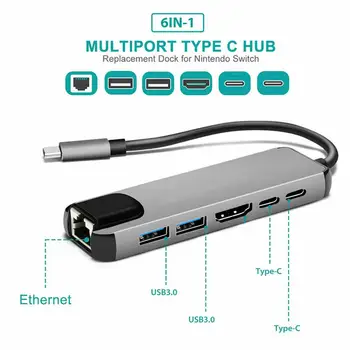USB-C Hub Nešiojamų Multi-port 6-in-1 Tipo C Adapteris su 4K HDMI suderinamus RJ45 Ethernet Lan Nintendo Jungiklis