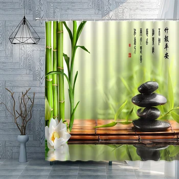 Žaliųjų Augalų Bambuko Zen Stone Dušo Užuolaidos Atogrąžų Gamtos kraštovaizdžio, Vonios Užuolaidos Vandeniui Namų Puošybai Vonios Dekoras