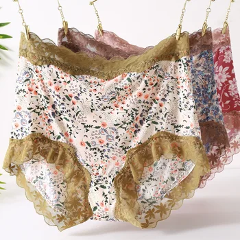 Seksualus Lingeries Didelis Dydis Gėlių Spausdinti Moterų Underwears Aukšto Juosmens Nėrinių Pynimas Trumpikės Kvėpuojantis Moterų Underwears 97