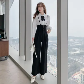 2021 pavasario mados elegantiškas Moteris, dviejų dalių Kostiumai ilgomis rankovėmis marškinėliai topai+ilgas, platus kojos kelnės kelnės rinkiniai