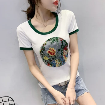 Vasaros korėjiečių Drabužius T-shirt Mados Seksualus Siuvinėjimo Povas Deimantų Medvilnės Moterų Viršūnių Ropa Mujer Trumpas Rankovėmis Tee 2020 T04517