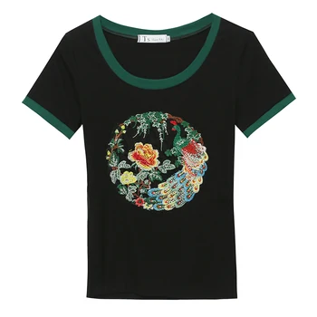 Vasaros korėjiečių Drabužius T-shirt Mados Seksualus Siuvinėjimo Povas Deimantų Medvilnės Moterų Viršūnių Ropa Mujer Trumpas Rankovėmis Tee 2020 T04517