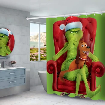 Grinch Pavogė Kalėdų Vandeniui Dušo Užuolaidų, Kilimų Padengti Tualeto Dangčio Vonios Kilimėlį, Pagalvėlę, 4 dalių Rinkinys 3D Spausdinimo Vonios kambarys Dekoro