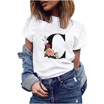 Moterų Mados Raštą Ir Gėlių Vasarą Aukštos Kokybės Spausdinimo T-shirt Gėlių Raidė Šriftu A B C D E trumpomis Rankovėmis Drabužius #t2p