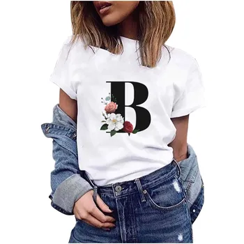 Moterų Mados Raštą Ir Gėlių Vasarą Aukštos Kokybės Spausdinimo T-shirt Gėlių Raidė Šriftu A B C D E trumpomis Rankovėmis Drabužius #t2p