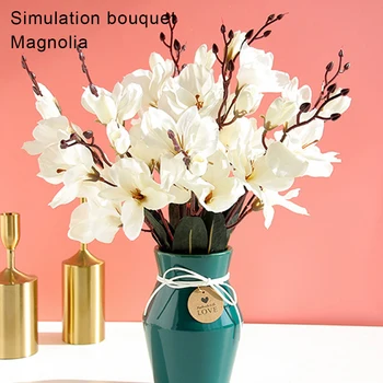 Modeliavimo Puokštė Magnolia Gėlių Šilko Audinio su Gėlių Stiebai & Lapai Netikrą Žaluma Dekoro Home Office Šalies 43cm PW
