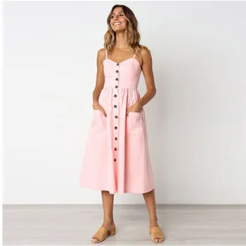 2021 Vasaros Seksualus Backless Spageti Dirželis Midi Suknelė vientisa Spalva Rankovių Mygtuką Moterų drabužiai Moterų Mados Šalis Suknelės.