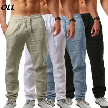 Nove najwyższej jakości męskie letnie spodnie na co dzień naturalne bawełniane spodnie lniane białe lniane w pasie proste męskie