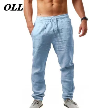 Nove najwyższej jakości męskie letnie spodnie na co dzień naturalne bawełniane spodnie lniane białe lniane w pasie proste męskie