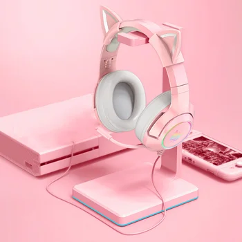 ONIKUMA K9 Žaidimų Ausinės casque Cute Girl Pink Cat Ear Stereo Ausines su Mic & LED Šviesos Nešiojamas Kompiuteris Gamer