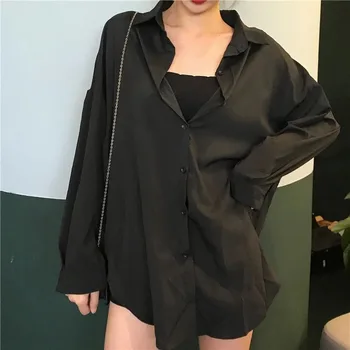 HOUZHOU Black Marškinėliai Moterims Negabaritinių Derliaus Streetwear Harajuku Stiliumi Palaidinė korėjos Mados Atsitiktinis ilgomis Rankovėmis Viršūnes Pavasario Femme