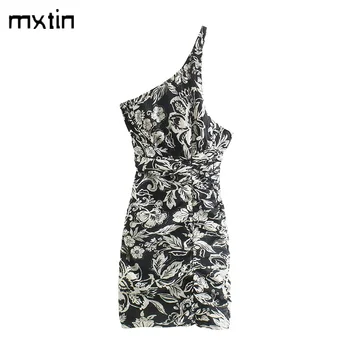 MXTIN 2021 Moterų Vasaros Derliaus Seksualus Gėlių Spausdinti Mini Suknelė Mados Vieno Peties Backless Slim Šalies Moterų Suknelės, Vestidos