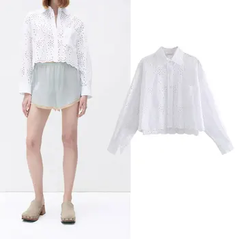 Za Palaidinė 2021 m. vasarą, naujas stilius saldus tuščiaviduriai siuvinėjimo baltos medvilnės marškinėliai mados moterų mygtuką atvartas, marškiniai, elegantiškos atsitiktinis viršų