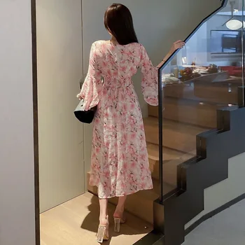 Moterys Šalis Suknelė Vasaros 2021 Elegantiškas Ruffles Rankovėmis V-Kaklo Spausdinti Šifono Midi Suknelė Lady Nėrinių Aukšto Juosmens Atostogų Paplūdimio Suknelės