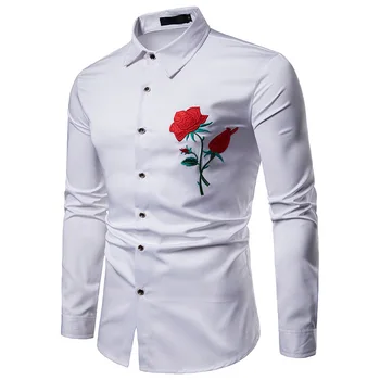 Etninio stiliaus vyrų drabužiai Rose siuvinėjimas, marškinėliai vyrams Atvartas apykaklės marškinėliai vyrams ilgomis rankovėmis