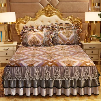 1 VNT Šilto pieno aksomo lova sijonas vientisas sijonas stiliaus lovatiesė nėrimo siūlai princesė lova padengti sustorėjimas plius aksomo lova