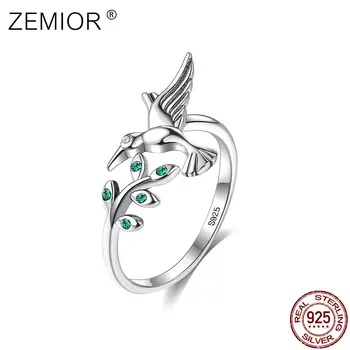 ZEMIOR Autentiški 925 Sterling Silver Bird & Pavasarį Medžių Lapai Atidaryti Aukščio, Žiedai, Moterų Dalyvavimas Fine Jewelry Karšto Pardavimo
