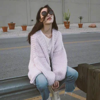 Moterų tingus vertus, megztiniai megztinis su V-kaklo megztinis vientisų spalvų