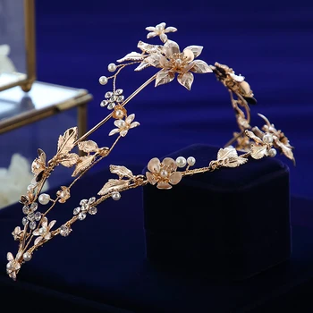 Europos Rankų Darbo Gėlių Aukso Vestuvinius Rožančiai Kaspinai Kristalų Nuotakos Vainiko Headpieces Vestuvių Hiar Priedų