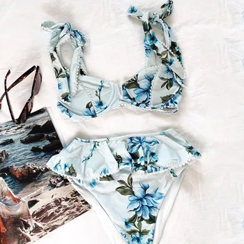 2021 Nauja Seksuali Bikini Komplektas Aukšto Juosmens Spausdinti Gėlių Push Up maudymosi kostiumėlį Strappy maudymosi Kostiumėliai Moterims, Maudymosi Kostiumą, Vasaros Paplūdimio Drabužiai biquini