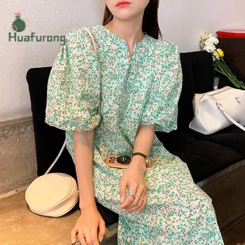 Korėjos Stiliaus Prašmatnus Vasaros Gėlių V-iškirpte Suknelė Prarasti Kelio ilgis Padalinta Sluoksniuotos Rankovėmis Gėlių Suknelė Ilga Moteris