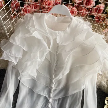 Pavasarį Naują Teismas Stiliaus Sluoksniuotos Susiėmę Organza Marškinėliai Moteriški Pearl Mygtuką Blyksnius Rankovės Perspektyvos Šifono Palaidinė Elegantiškas OLIS Viršūnės