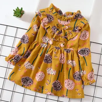 Vaikai Komforto Minkšta Populiarus Mygtuką Suknelė Ilgomis Rankovėmis Rudens Vaikas Mergina Korėjos Puikus Kiaulpienių Spausdinti Medvilnės Suknelės