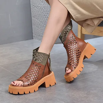 21 naujos natūralios Odos basutės storio-soled moterų sandalai storas kulnas šalutinis užtrauktuką, retro spalvų atitikimo vasaros trumpi auliniai batai moterims