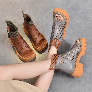 21 naujos natūralios Odos basutės storio-soled moterų sandalai storas kulnas šalutinis užtrauktuką, retro spalvų atitikimo vasaros trumpi auliniai batai moterims