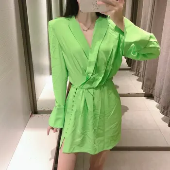 Za 2021 Žalioji Marškinėliai Suknelė Moteris Plisuotos Vasaros Suknelės Moterims Sundress Ilgomis Rankovėmis Elegantiška Mini Suknelė Moteris Ruched Trumpą Suknelę