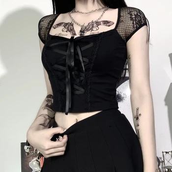 Gotikos Topai Marškinėliai Moterims Bodycon Tvarstis Nėriniai Juoda Tshirts Goth Streetwear Moterų Sexy Atsitiktinis Tee Viršūnes Moterims Vasaros 2021