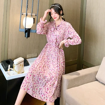 TFETTERS Rožinės spalvos Šifono Maxi Suknelė dviejų aukštų 2021 m. Pavasario ir Rudens Derliaus Gėlių Prarasti Slim Plisuotos Suknelės Moterims
