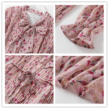 TFETTERS Rožinės spalvos Šifono Maxi Suknelė dviejų aukštų 2021 m. Pavasario ir Rudens Derliaus Gėlių Prarasti Slim Plisuotos Suknelės Moterims