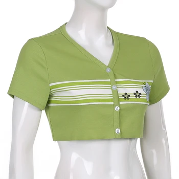 Sweetown 2000-ųjų Mielas Žalia Y2K Marškinėliai Moterims Gėlių Spausdinti Kawaii Vasaros Viršūnes V Kaklo Juostele Trumpas Rankovės Atsitiktinis Apkarpytos Tees 90s